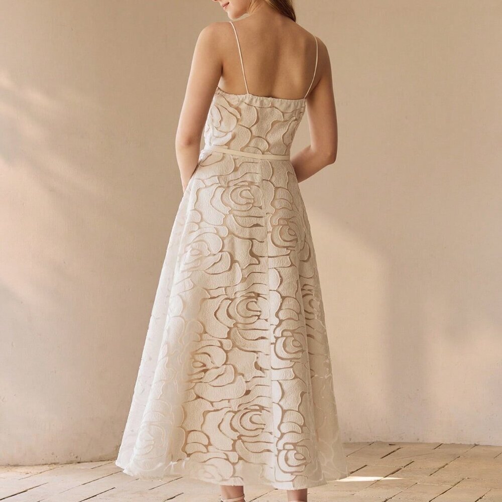 White Elegant Women's French Strapless Floral A-Line Dress - Picture 2 of 6